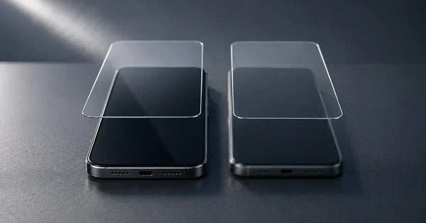 Two nearly matching clear screen protectors hovering above two generic smartphones