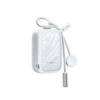 White PearlGo 10K power bank with attached cable and lanyard
