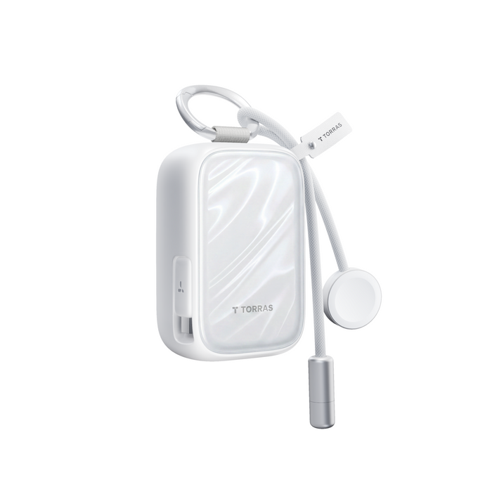 White PearlGo 10K power bank with attached cable and lanyard