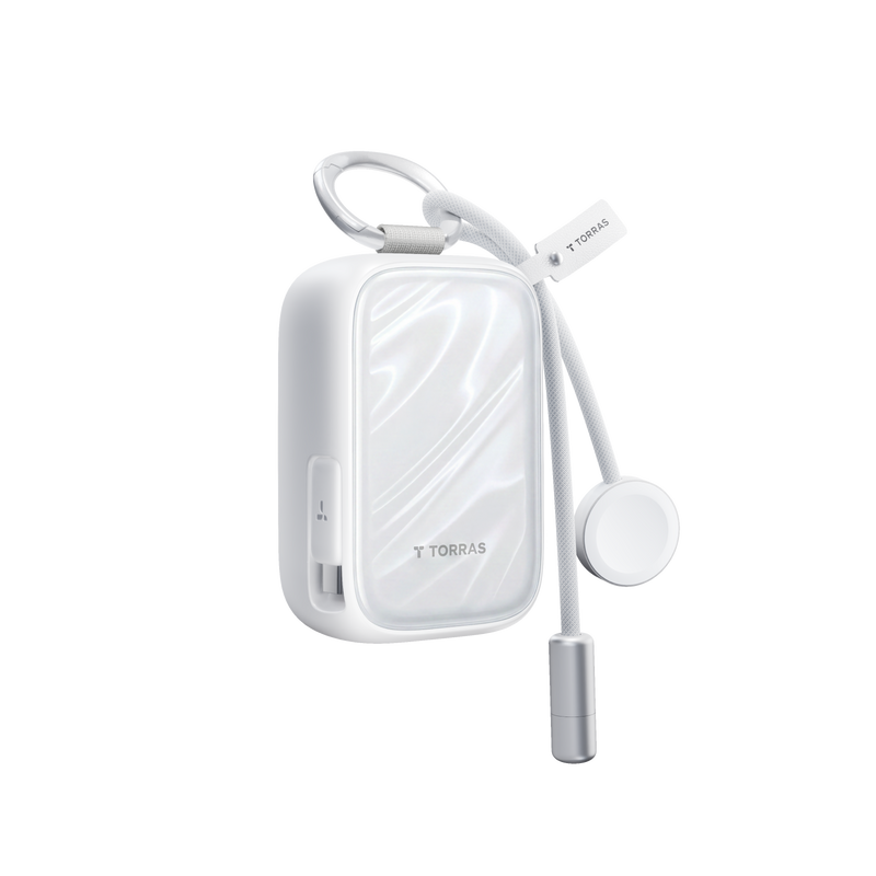 White PearlGo 10K power bank with attached cable and lanyard