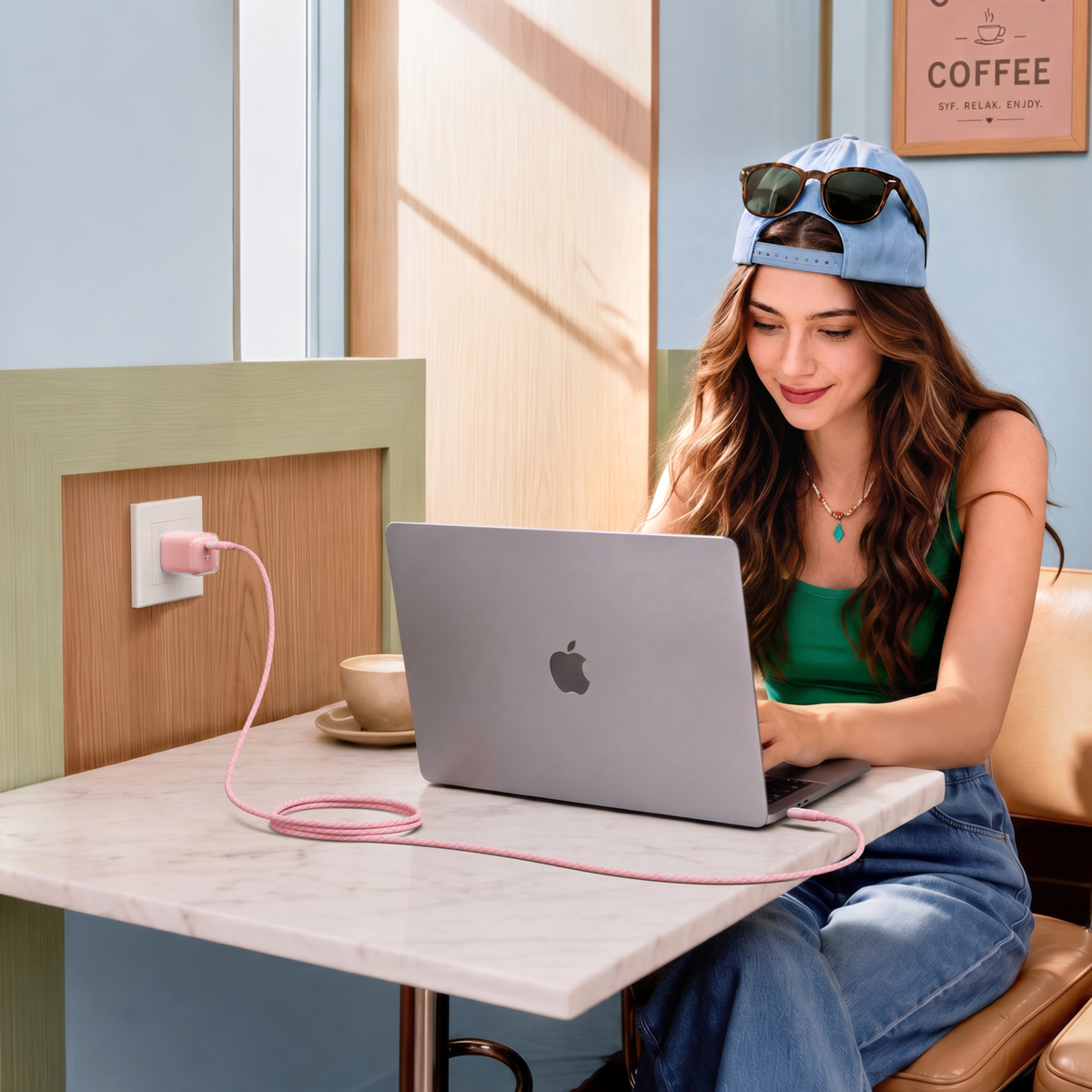 Woman in a cafe charging a MacBook from a wall outlet with a pink TORRAS NeoCable 60W cable