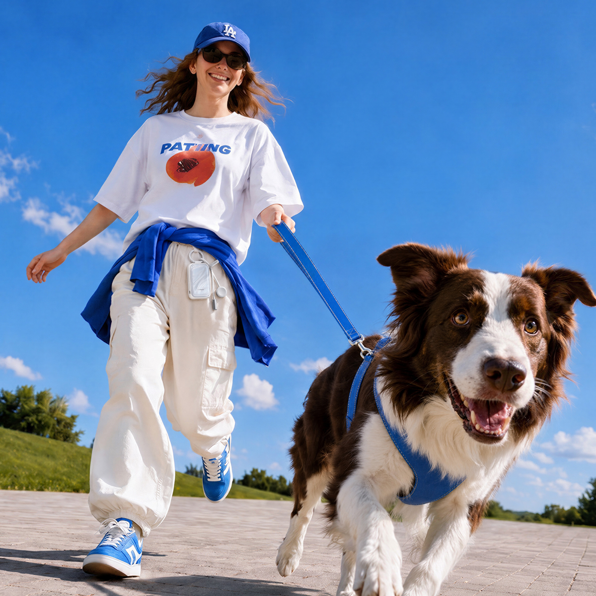 White PearlGo 10K power bank clipped to a dog walker