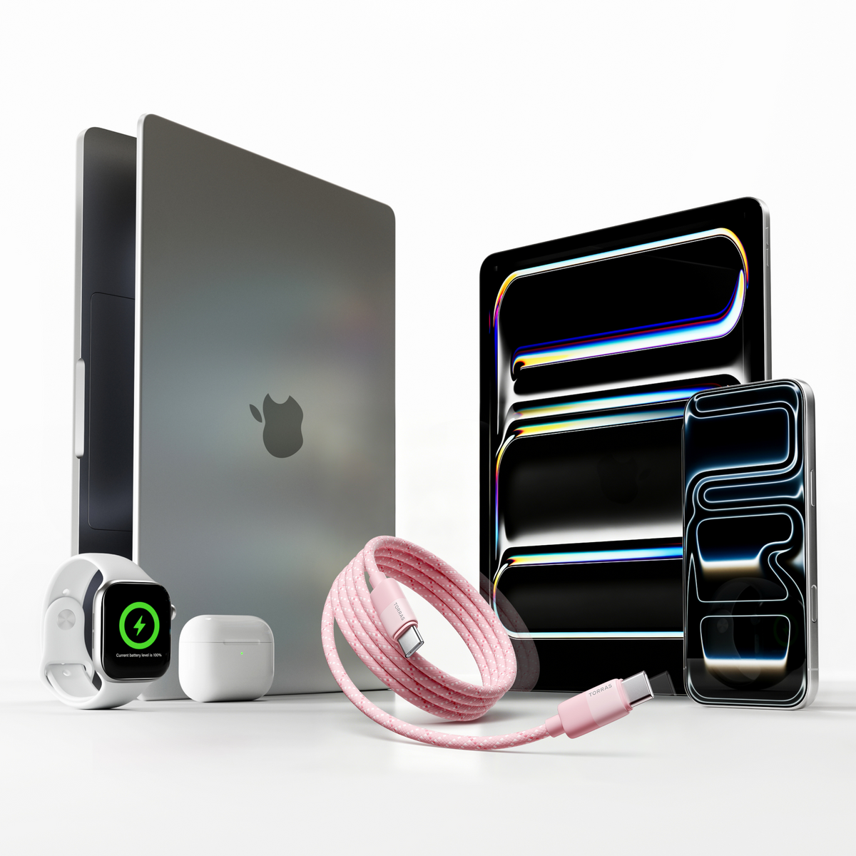 Pink TORRAS NeoCable 60W USB-C cable beside a MacBook, iPad, iPhone, Apple Watch and AirPods