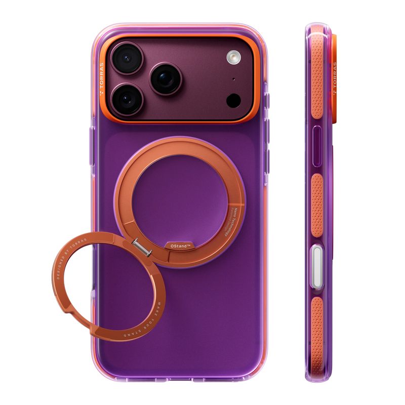 Purple Ostand Hue case with an orange ring stand on iPhone 18 Pro Max, back and side views
