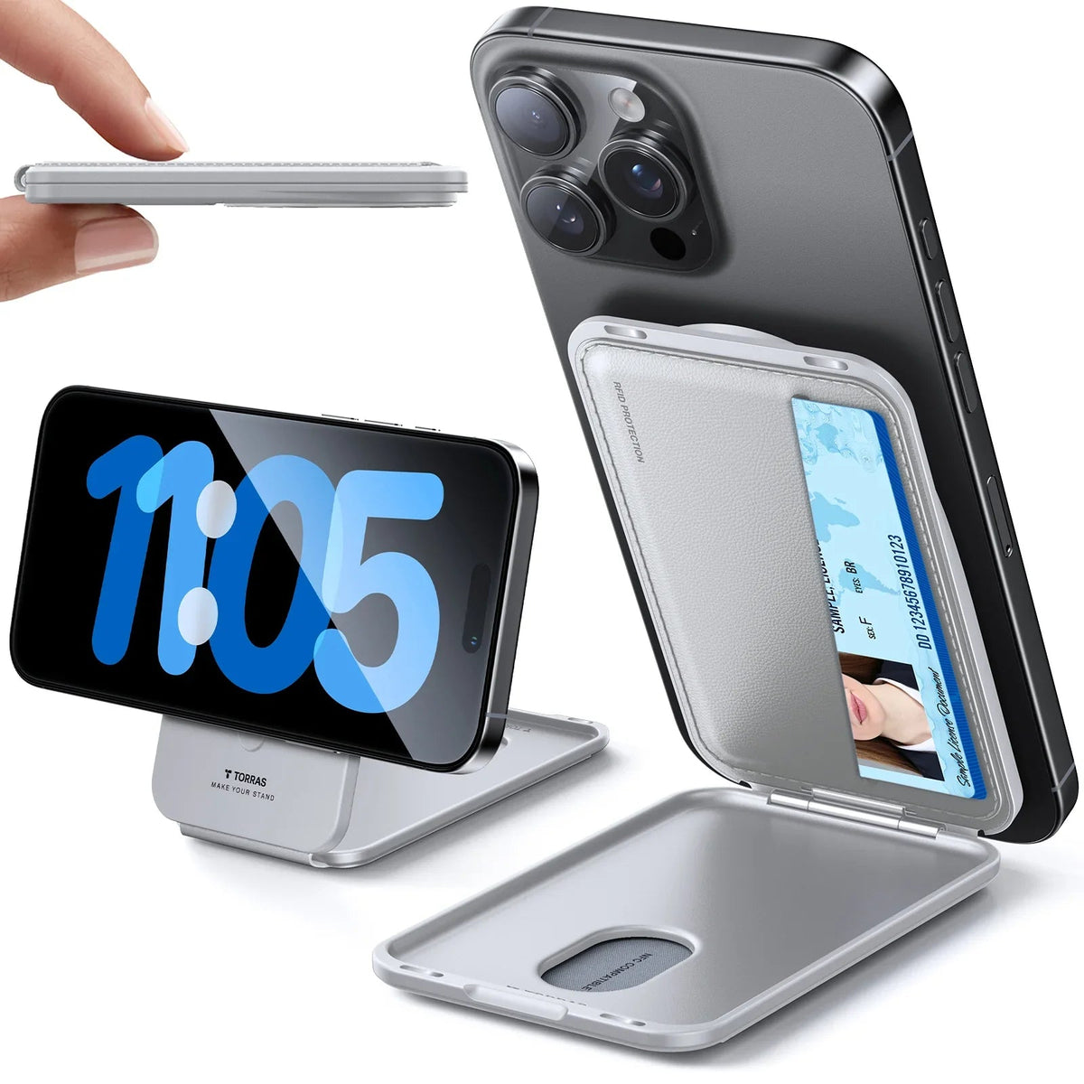 TORRAS slim minimalist leather wallet with RFID protection and phone stand.