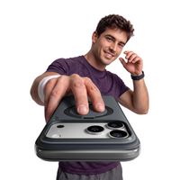 TORRAS Ostand Q3 Air Essential case for iPhone 18 Pro Max Man snapping a MagSafe power bank onto the back of a phone