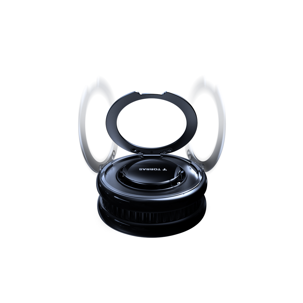 PolarCircle wireless charger on a black background with its fold-out ring stand and magnetic ring lifted away to show the structure