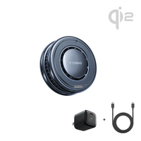 TORRAS PolarCircle Qi2 wireless charger in Obsidian Black shown with the included wall adapter and USB-C cable