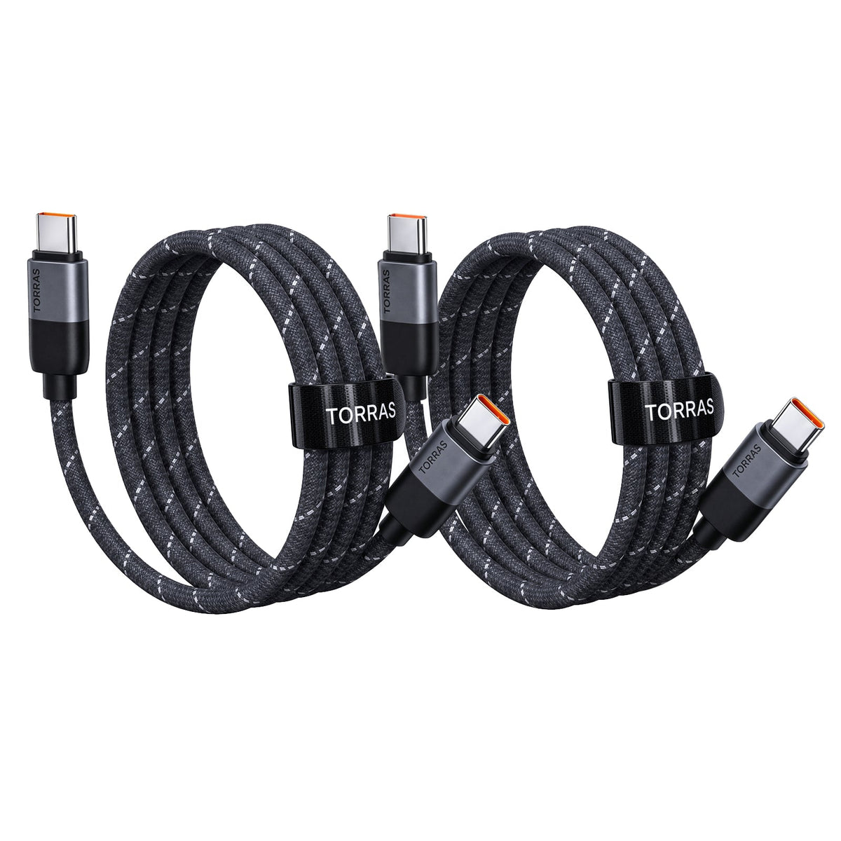 Two black braided TORRAS NeoCable 60W USB-C to USB-C cables, each coiled with its hook-and-loop strap