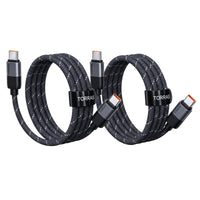 Two black braided TORRAS NeoCable 60W USB-C to USB-C cables, each coiled with its hook-and-loop strap