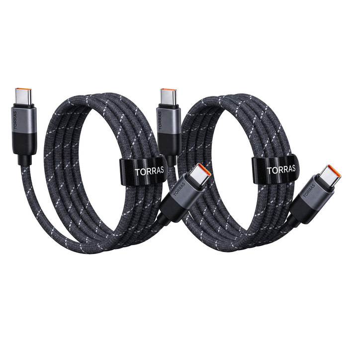 Two black braided TORRAS NeoCable 60W USB-C to USB-C cables, each coiled with its hook-and-loop strap