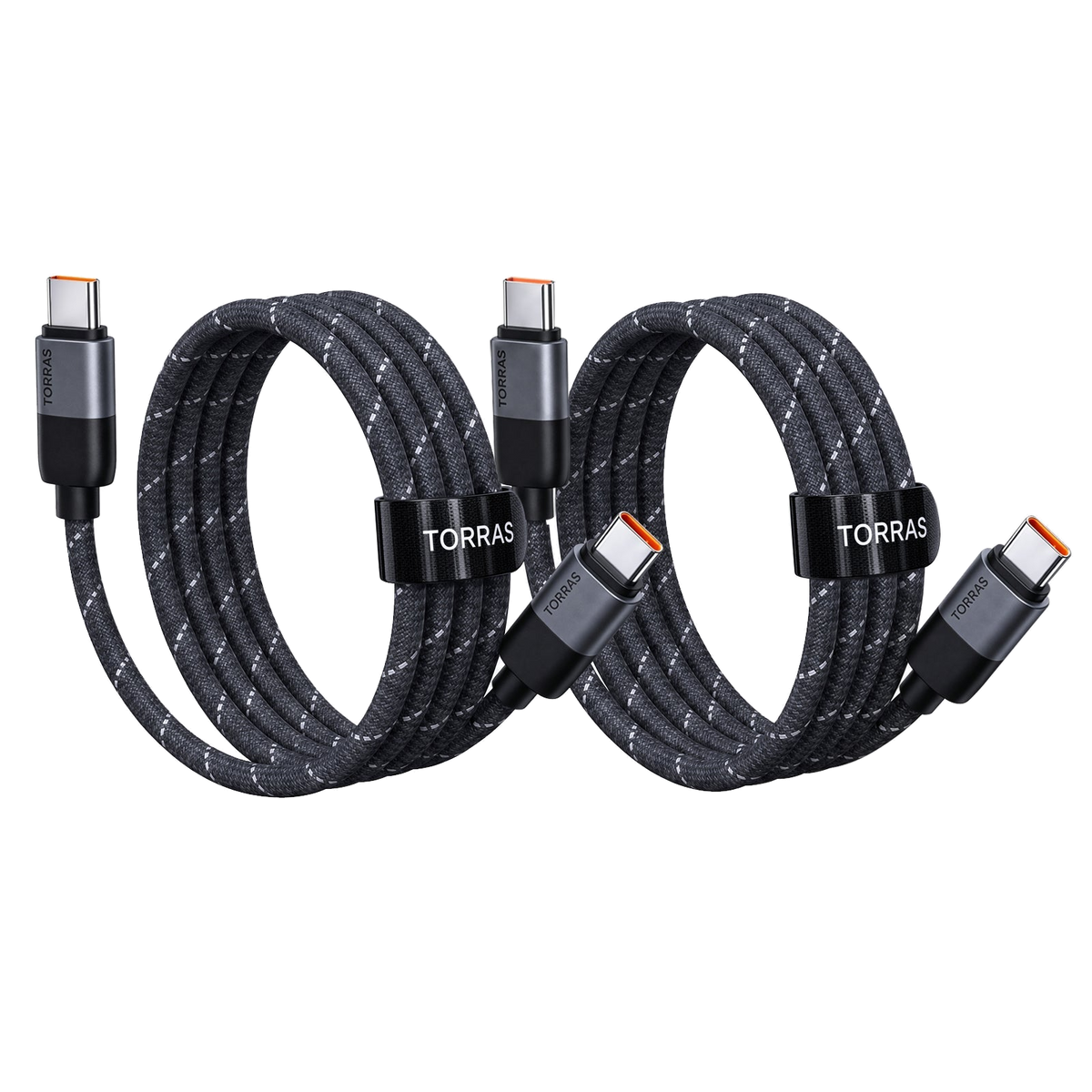 Two black braided TORRAS NeoCable 60W USB-C to USB-C cables, each coiled with its hook-and-loop strap