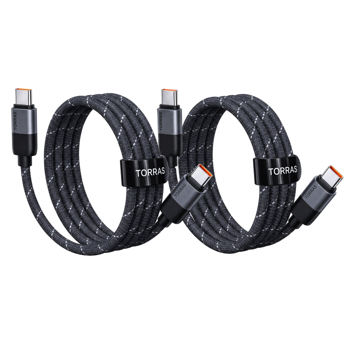 Two black braided TORRAS NeoCable 60W USB-C to USB-C cables, each coiled with its hook-and-loop strap