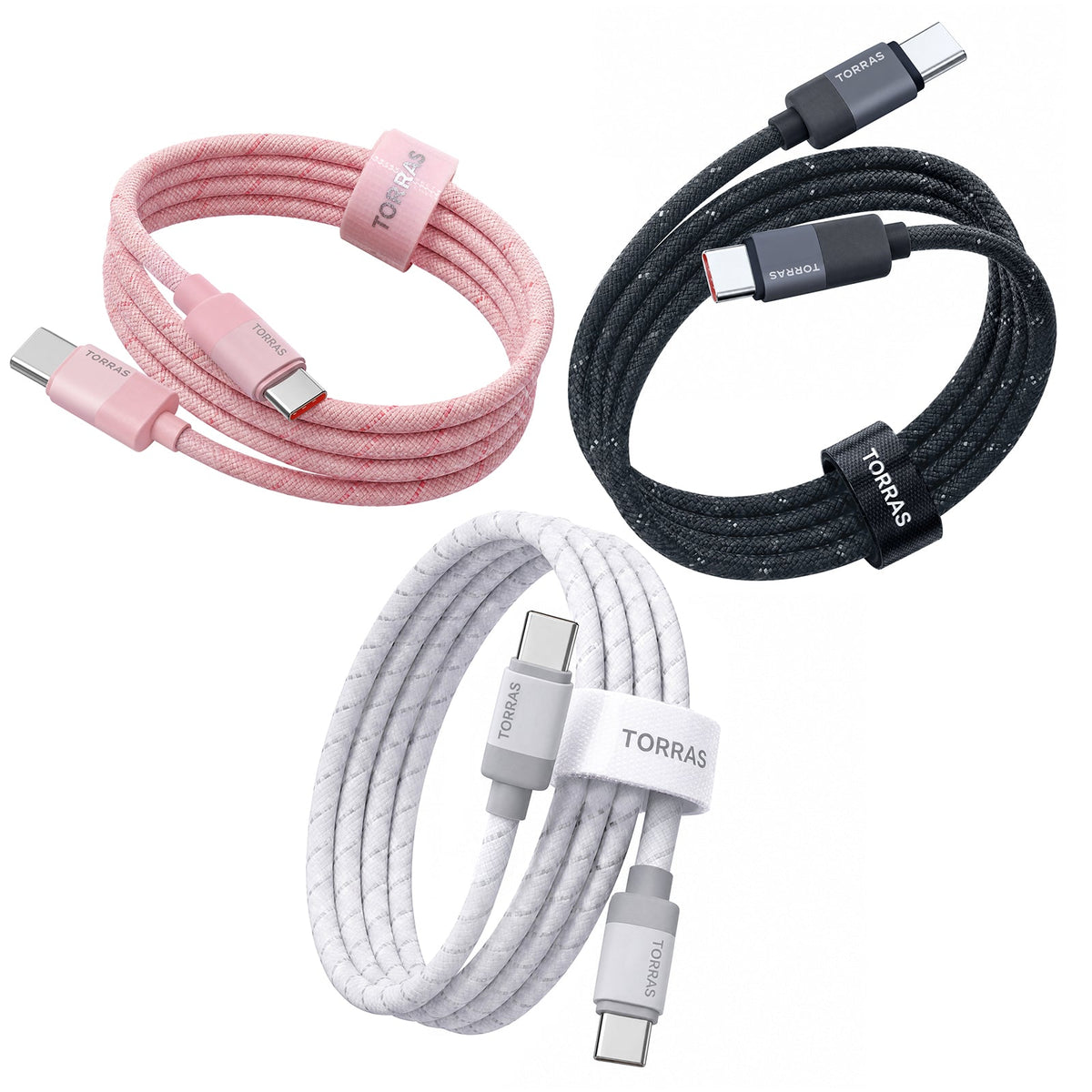 TORRAS NeoCable 60W braided USB-C cables in pink, black and white