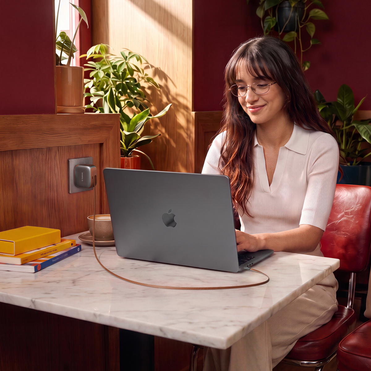 Woman charging a MacBook at a cafe table from a FlexLine Pro 60W charger in a wall outlet
