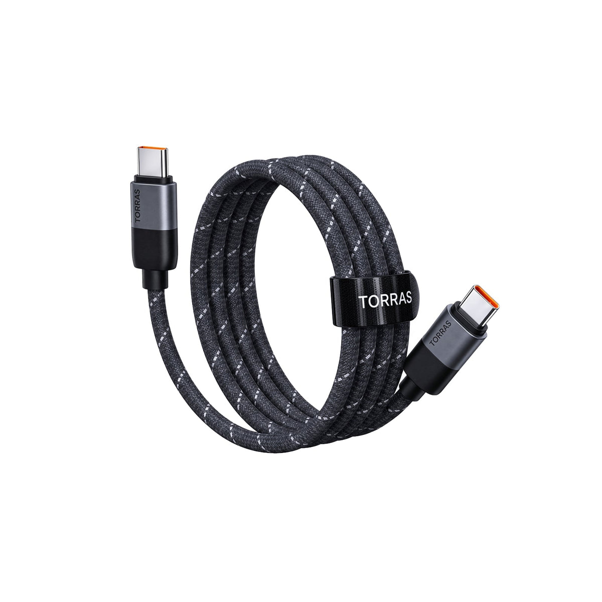 Black braided TORRAS NeoCable 60W USB-C to USB-C cable coiled with its hook-and-loop cable strap
