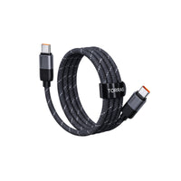 Black braided TORRAS NeoCable 60W USB-C to USB-C cable coiled with its hook-and-loop cable strap
