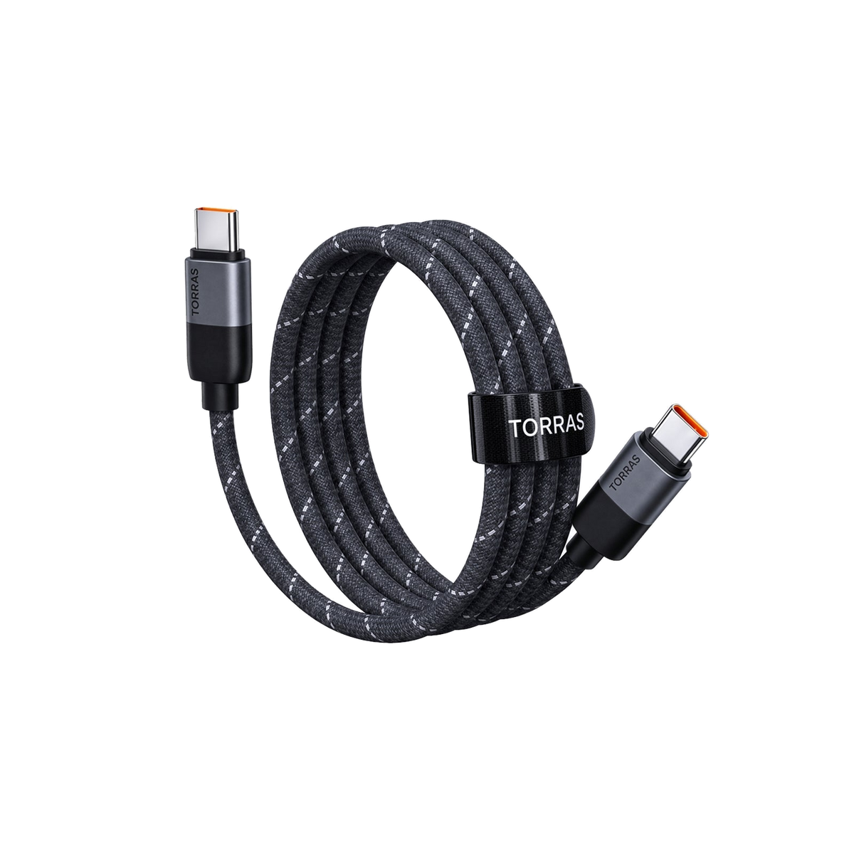 Black braided TORRAS NeoCable 60W USB-C to USB-C cable coiled with its hook-and-loop cable strap