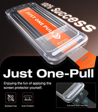 Just One-Pull applicator marked 100% success, with bubbles-free, auto-position and dust-removal icons