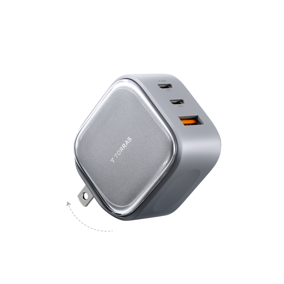 TORRAS IceCore 67W GaN fast charger in grey with foldable plug and three ports