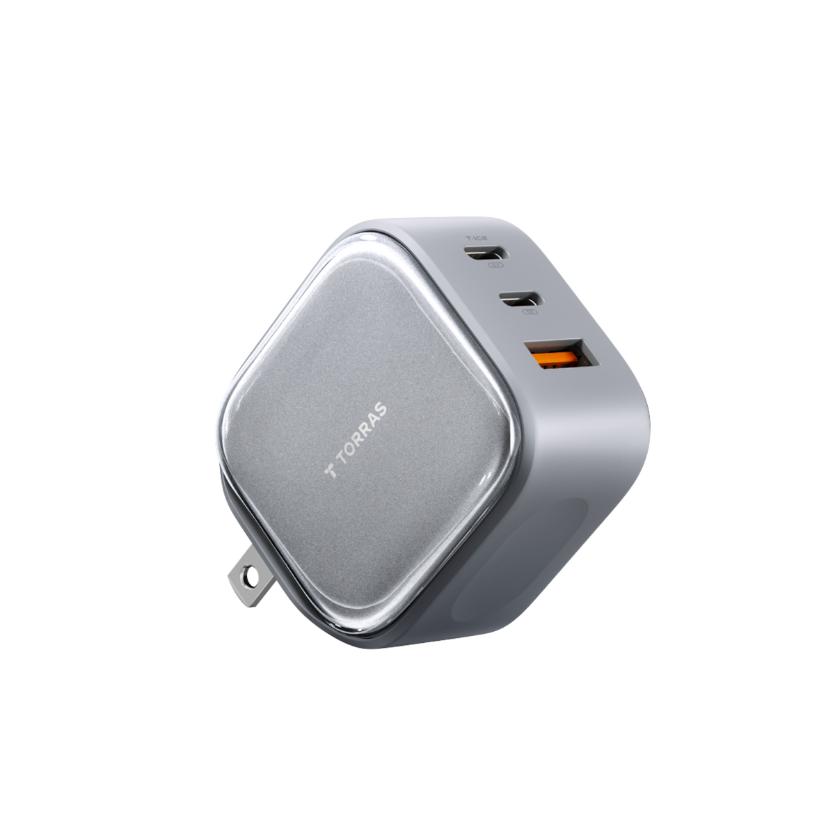 TORRAS IceCore 67W GaN fast charger in grey with foldable plug and three ports