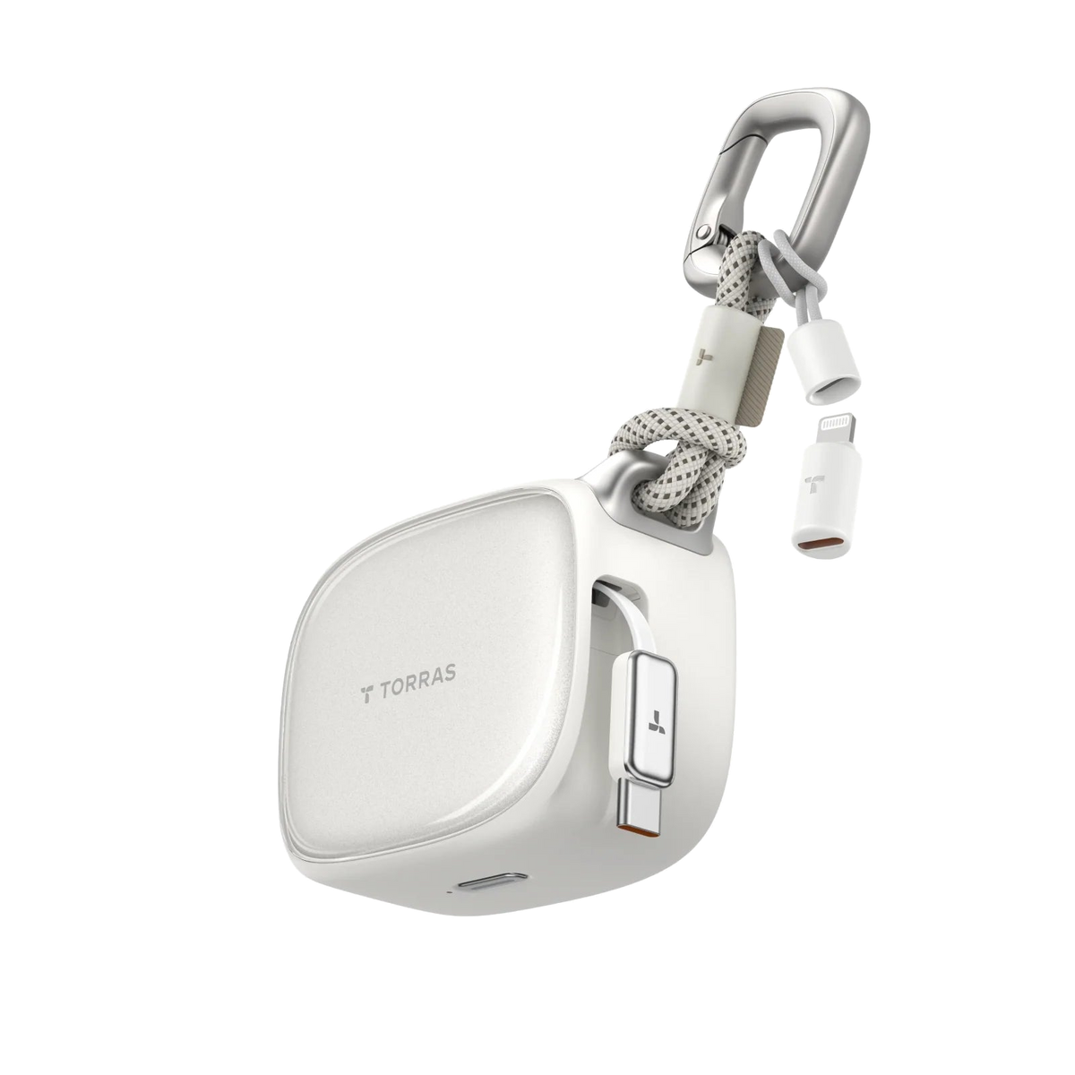 A compact white TORRAS power bank with a carabiner clip, braided lanyard, a built-in USB-C connector and a Lightning adapter tip