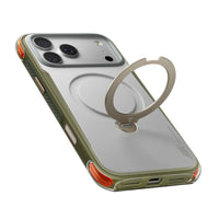 TORRAS Ostand Q3 Air Pro case for iPhone 18 Pro/Pro Max in olive green with a khaki ring stand, back and side view