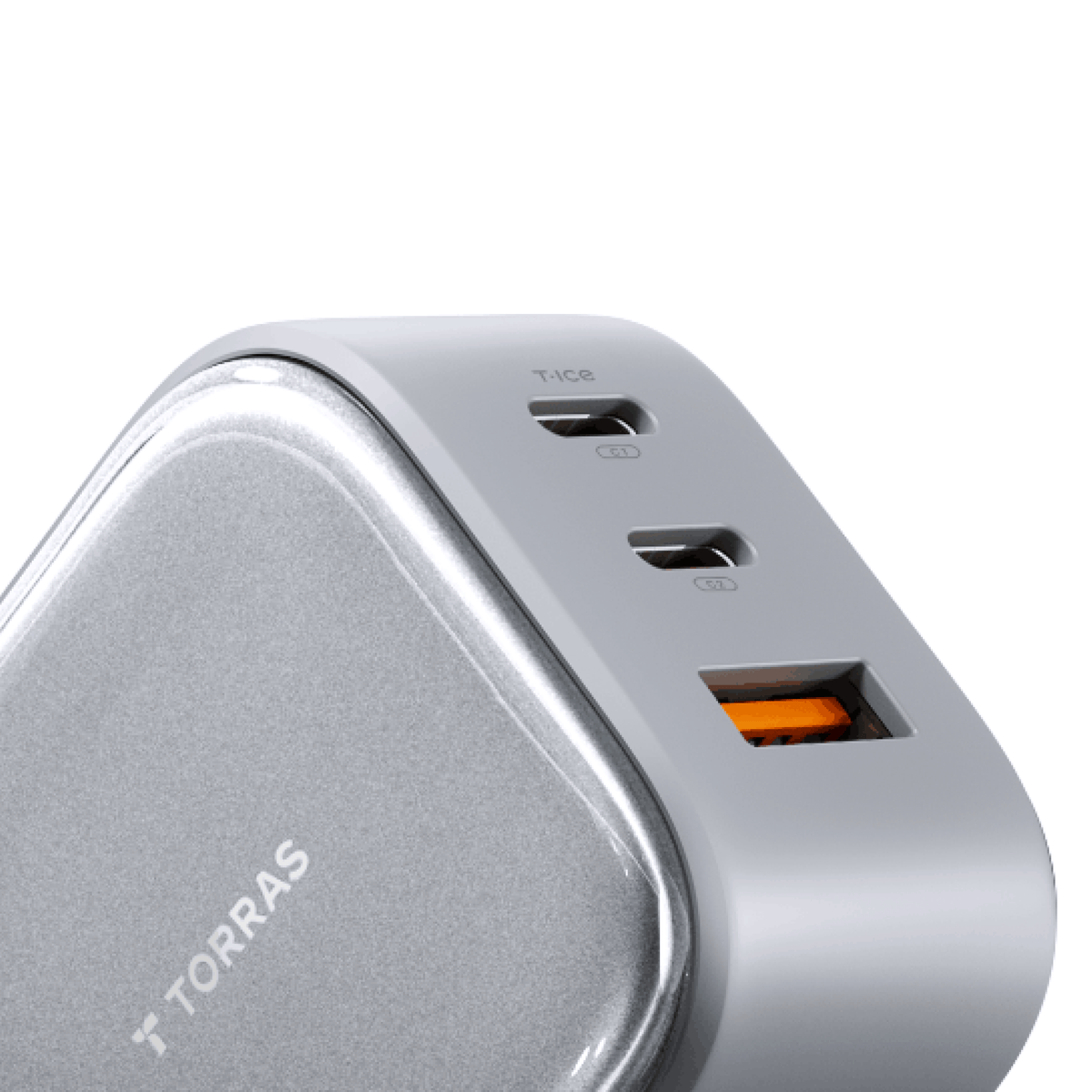 TORRAS IceCore 67W charger showing its two USB-C ports and one USB-A port