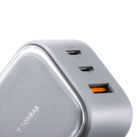 TORRAS IceCore 67W charger showing its two USB-C ports and one USB-A port