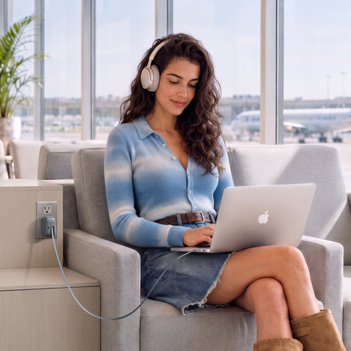 Woman in an airport lounge charging a laptop with a FlexLine Pro 60W charger plugged into the wall