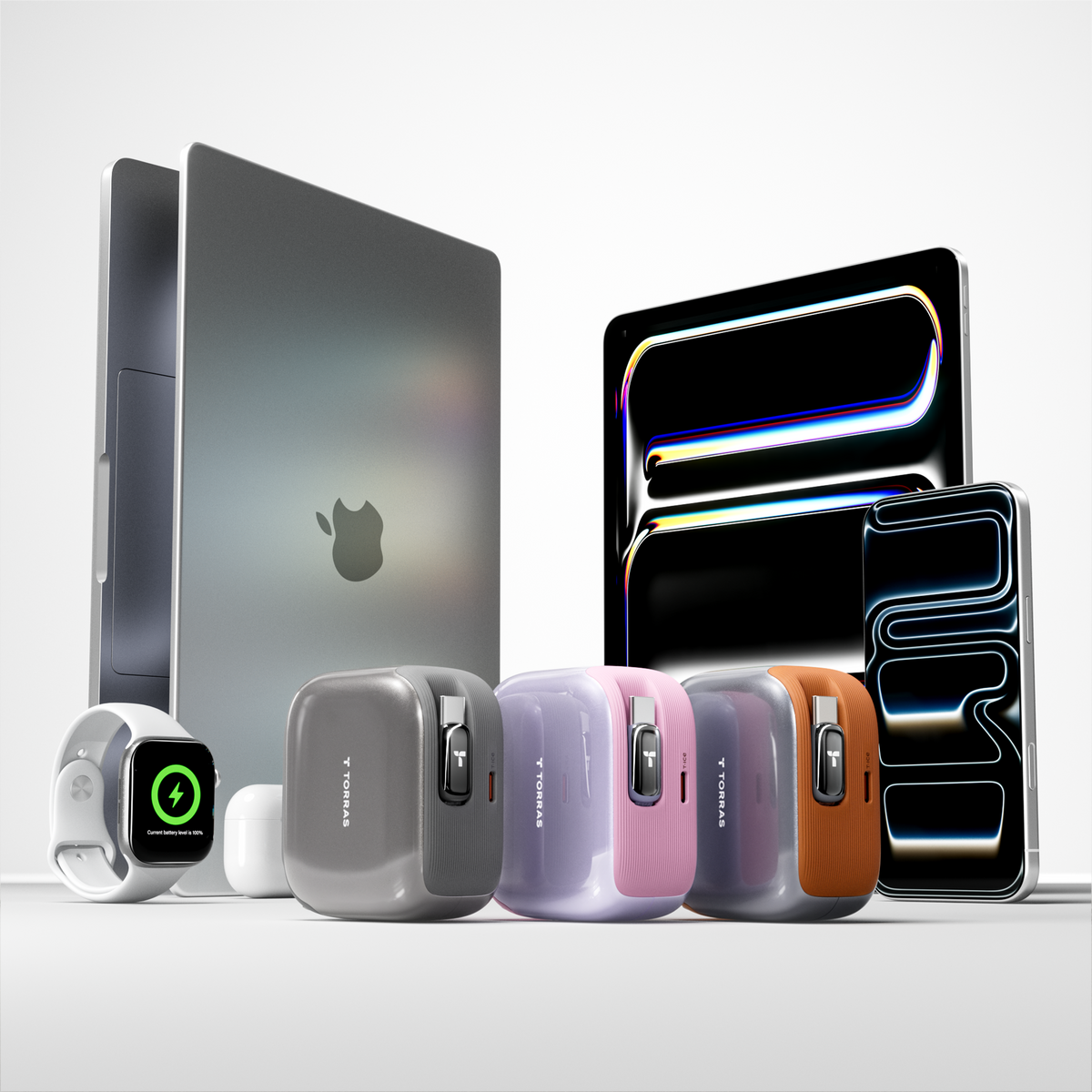 FlexLine Pro 60W chargers lined up beside a MacBook, iPads, Apple Watch and AirPods