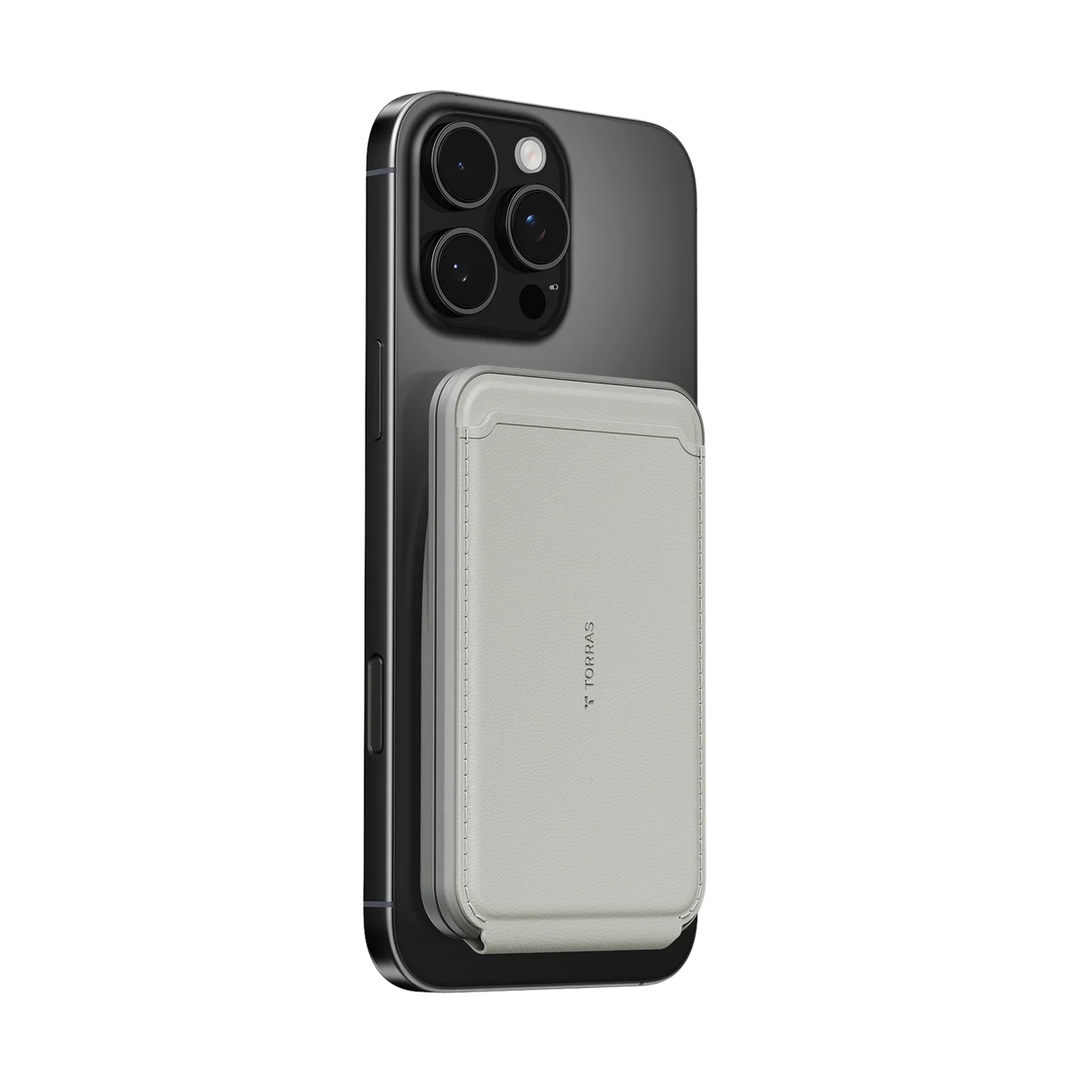 TORRAS minimalist leather slim wallet in light grey, attached to a smartphone.