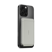 TORRAS minimalist leather slim wallet in light grey, attached to a smartphone.