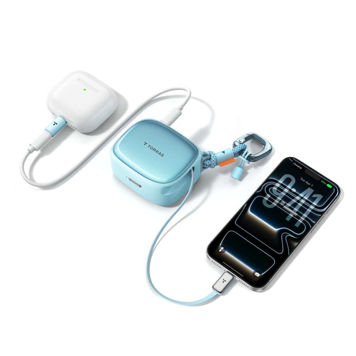 Blue TORRAS PackGo Cube 10K power bank charging an iPhone and an earbuds case at the same time