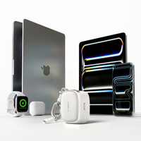White TORRAS PackGo Cube 10K power bank next to a laptop, tablet, iPhone, smartwatch and earbuds case