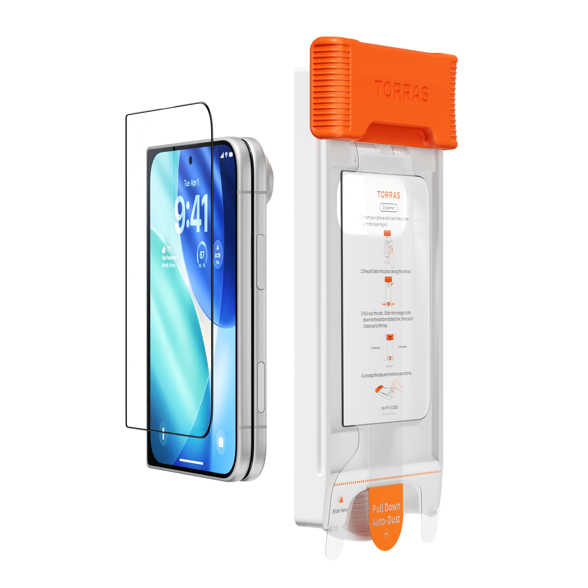 TORRAS OrigArmor AR screen protector for iPhone Duo outer display, shown next to the auto-alignment roller installation kit