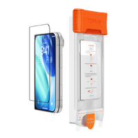 TORRAS OrigArmor AR screen protector for iPhone Duo outer display, shown next to the auto-alignment roller installation kit