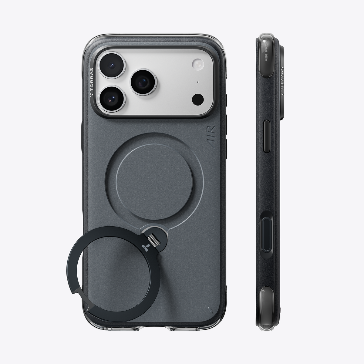 TORRAS Ostand Q3 Air Essential case for iPhone 18 Pro Max in graphite, back and side profile