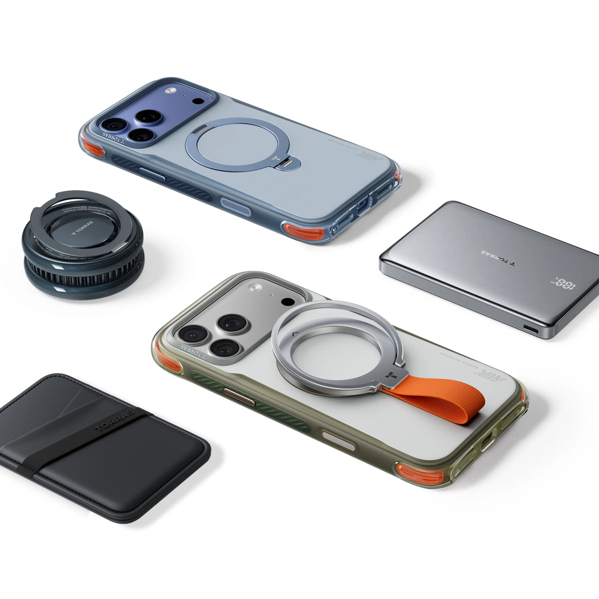 TORRAS Ostand Q3 Air Pro case for iPhone 18 Pro Max lifestyle flat-lay with MagSafe charger, wallet, and ring stand accessories