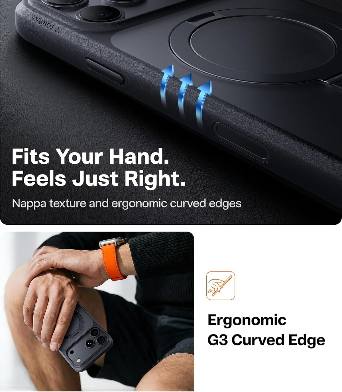 TORRAS Ostand Q1 Guardian case for iPhone 18 Pro Max – Nappa-textured back and ergonomic G3 curved edges for a comfortable grip