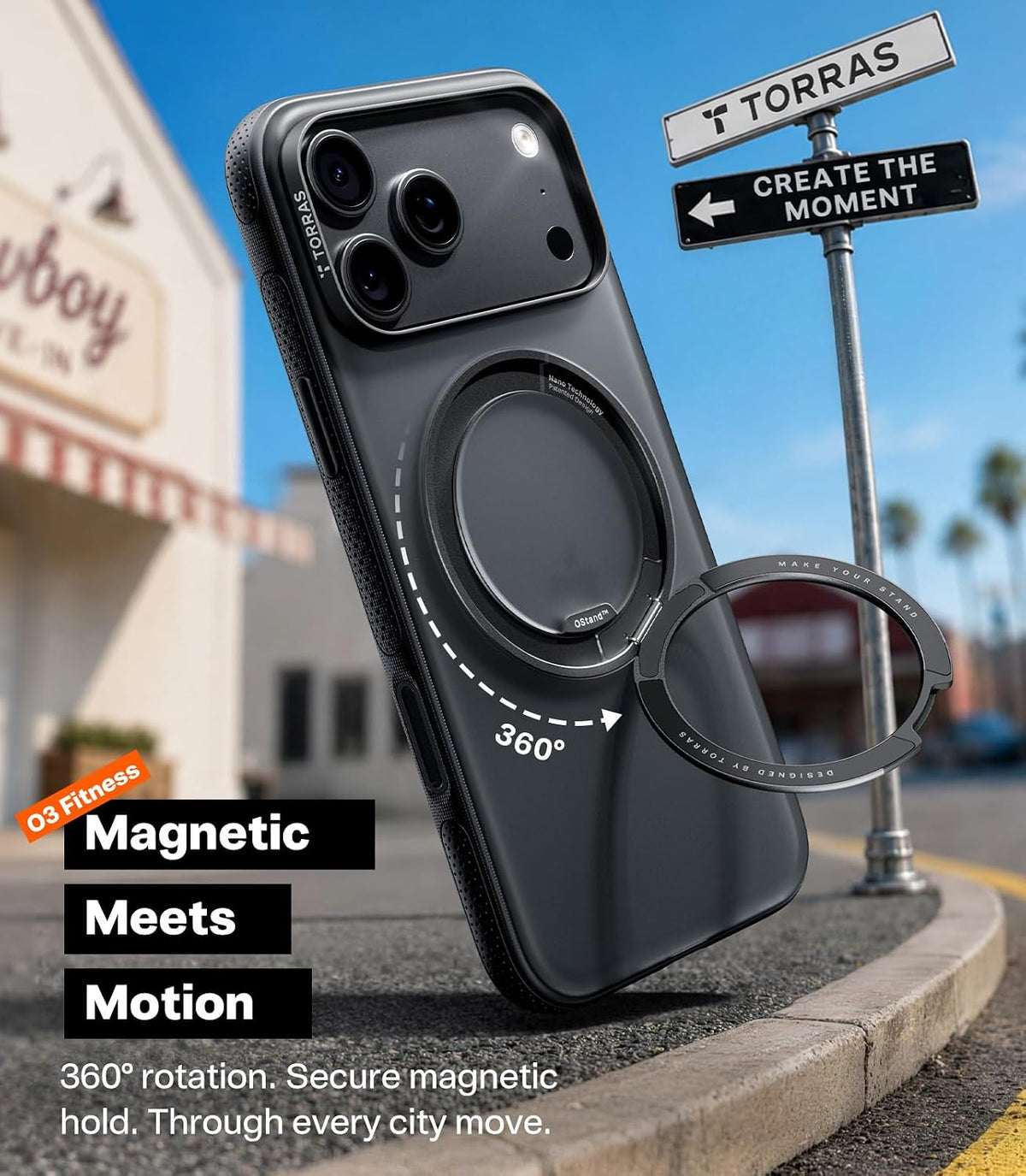 Ostand O3 Fitness 360° Magnetic Stand Case – Black case with the 360° rotating magnetic stand ring, secure magnetic hold on the go