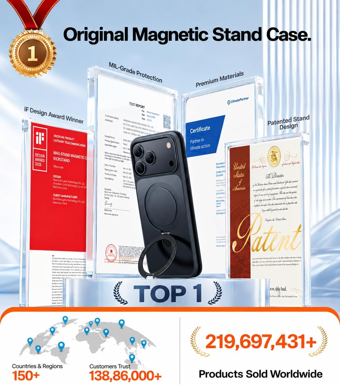 TORRAS Ostand Q1 Guardian case for iPhone 18 Pro Max – Ring stand case shown with design award, patent and certification documents