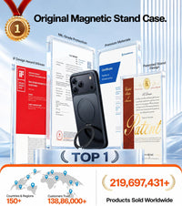 TORRAS Ostand Q1 Guardian case for iPhone 18 Pro Max – Ring stand case shown with design award, patent and certification documents