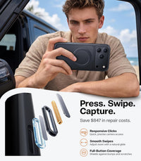TORRAS Ostand Q1 Guardian case for iPhone 18 Pro Max – Man filming with the phone in the ring stand case; responsive, full-coverage buttons