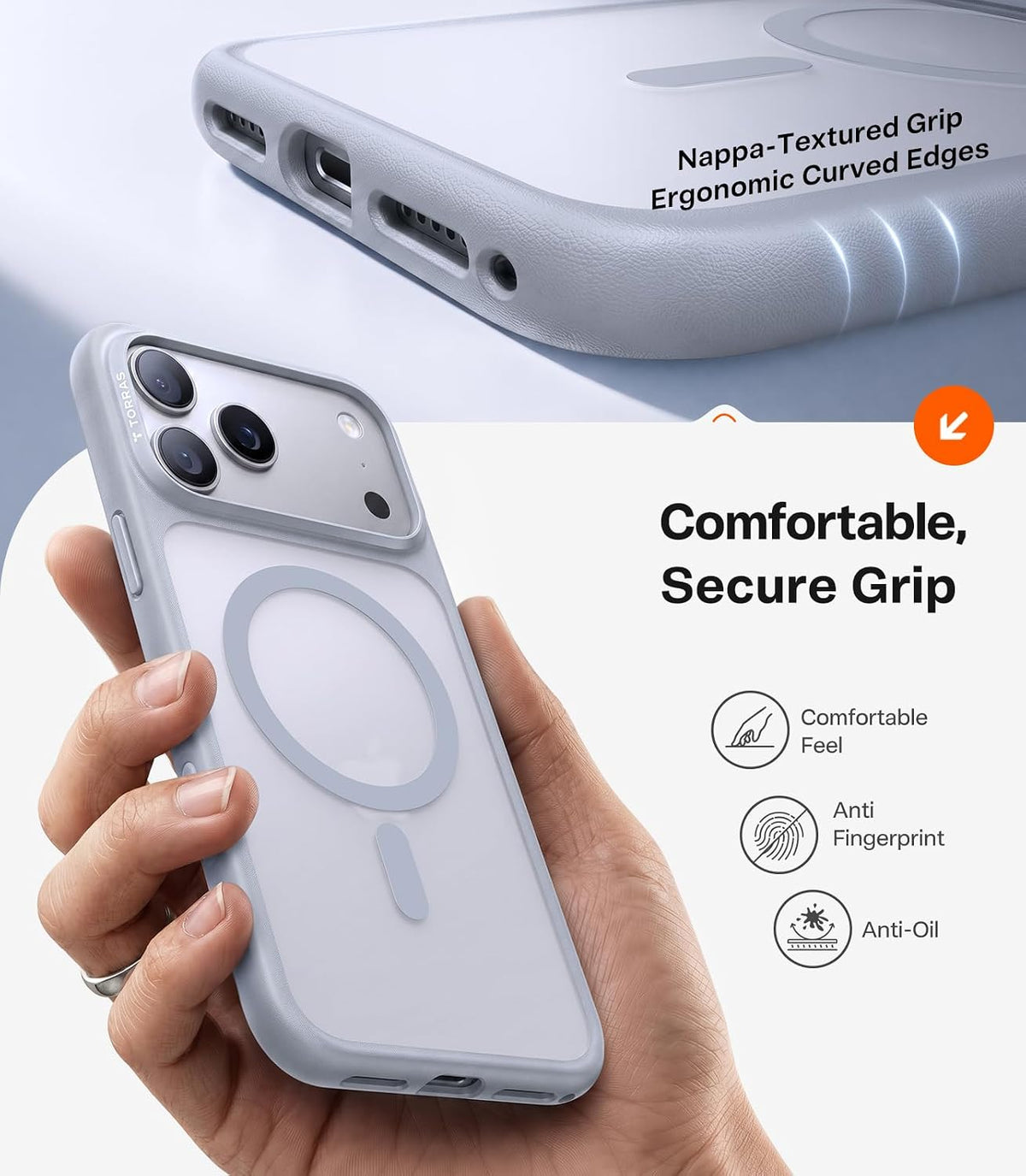 TORRAS Guardian-Mag case for iPhone 18 Pro – Hand holding the case: Nappa-textured grip, ergonomic curved edges, anti-fingerprint
