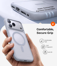 TORRAS Guardian-Mag case for iPhone 18 Pro – Hand holding the case: Nappa-textured grip, ergonomic curved edges, anti-fingerprint