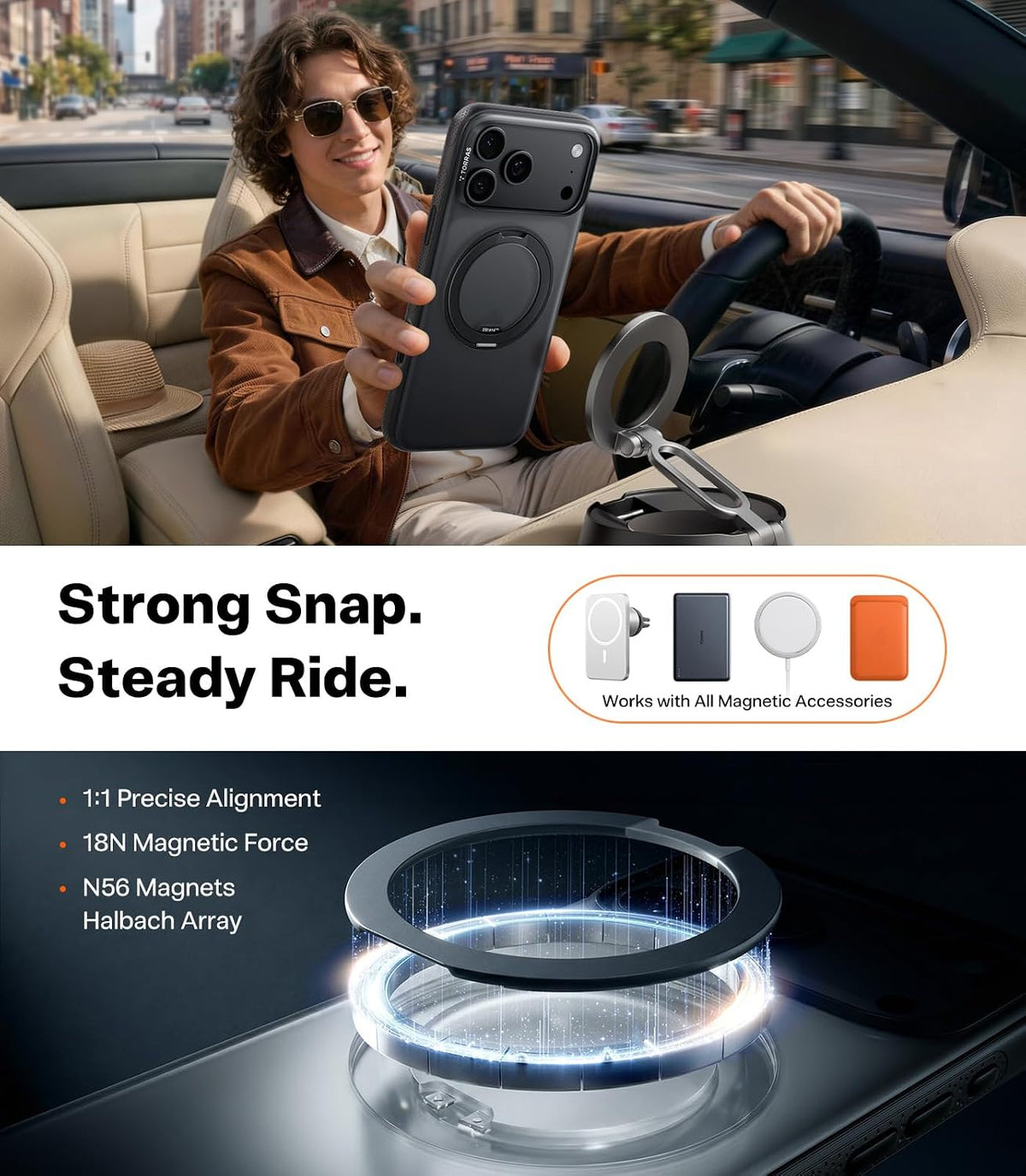 Ostand O3 Fitness 360° Magnetic Stand Case – Phone on a magnetic car mount: 1:1 alignment, 18N force, N56 magnets, Halbach array