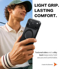 Ostand O3 Fitness 360° Magnetic Stand Case – Man holding the phone in the case: textured sides and silky back