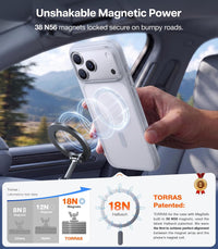 TORRAS Guardian-Mag case for iPhone 18 Pro – 38 N56 magnets hold the phone on a car mount; 18N magnetic force compared with other cases