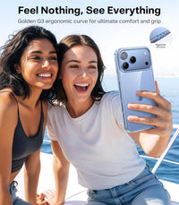TORRAS Crystal Clear Anti-Yellowing Case – Friends taking a selfie with phones in clear cases; Golden G3 ergonomic curve